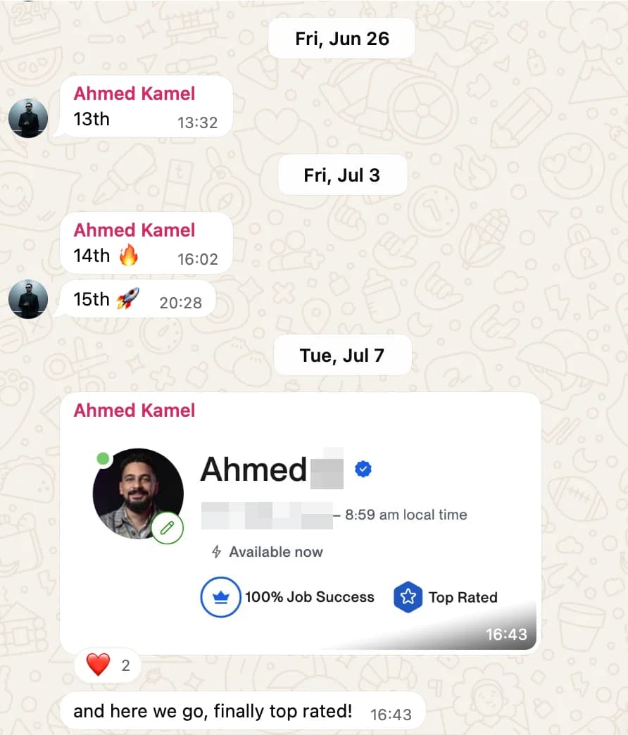 WhatsApp messages from Ahmed announcing his 13th, 14th and 15th contracts, followed by a screenshot of his Upwork profile showing 100% Job Success and the Top Rated badge