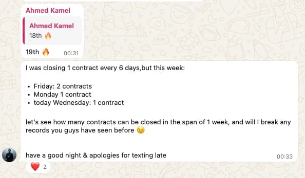 WhatsApp messages from Ahmed announcing his 19th contract and breaking down the week: "I was closing 1 contract every 6 days, but this week: Friday: 2 contracts, Monday 1 contract, today Wednesday: 1 contract"