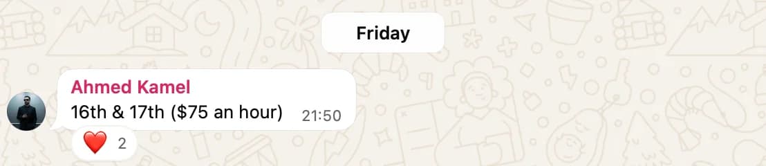 WhatsApp message from Ahmed on July 31: "16th & 17th ($75 an hour)"