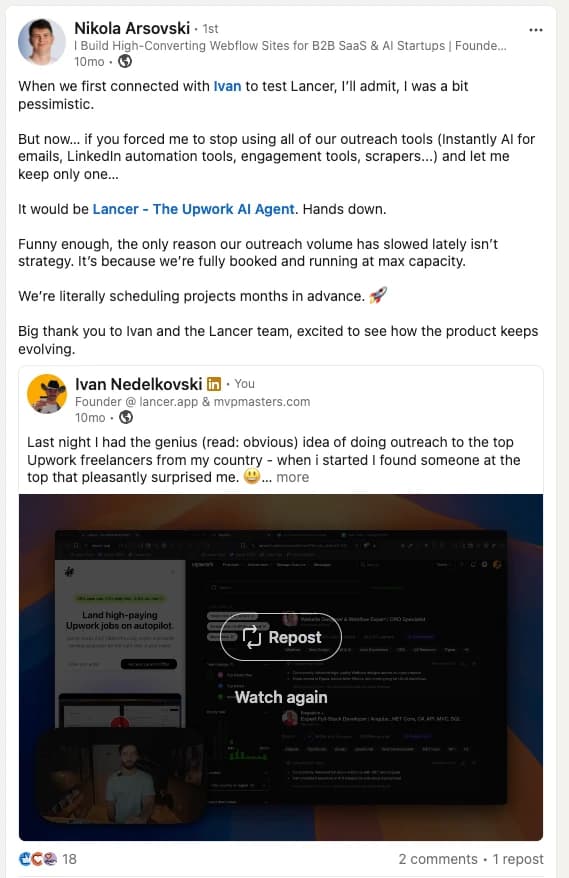 Screenshot of Nikola Arsovski’s LinkedIn post: he admits he was pessimistic when first testing Lancer, then says that if he had to stop using all of his outreach tools and keep only one it would be Lancer, and that his outreach volume has slowed only because the agency is fully booked and scheduling projects months in advance