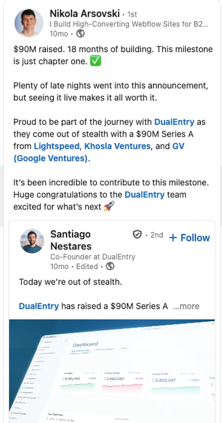 Nikola’s LinkedIn post: "$90M raised. 18 months of building. This milestone is just chapter one." announcing that he was part of the journey with DualEntry as they come out of stealth with a $90M Series A from Lightspeed, Khosla Ventures and GV (Google Ventures), quoting DualEntry co-founder Santiago Nestares’ post "Today we're out of stealth."